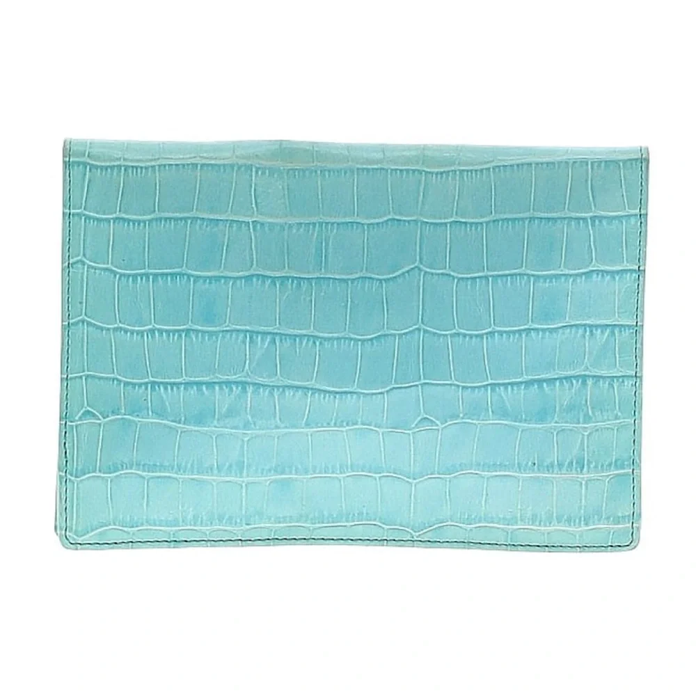 Vintage Teal Croc Embossed Leather Envelope Clutch w/ Silver Bumble Bee